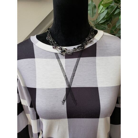 Women's Top Blouse Small Multi Buffalo Check Stretch Long Sleeve Round Neck Slit - Picture 2 of 10